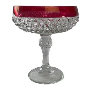 Vintage Indiana Glass Diamond Point Pattern Pedestal Bowl with Ruby Coloured Rim